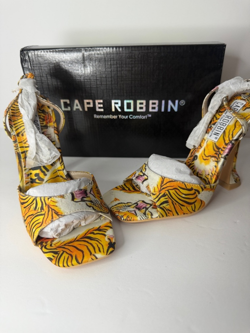 Cape Robbin Yellow Tiger-Print Open-Toe Heels with Orange Accent